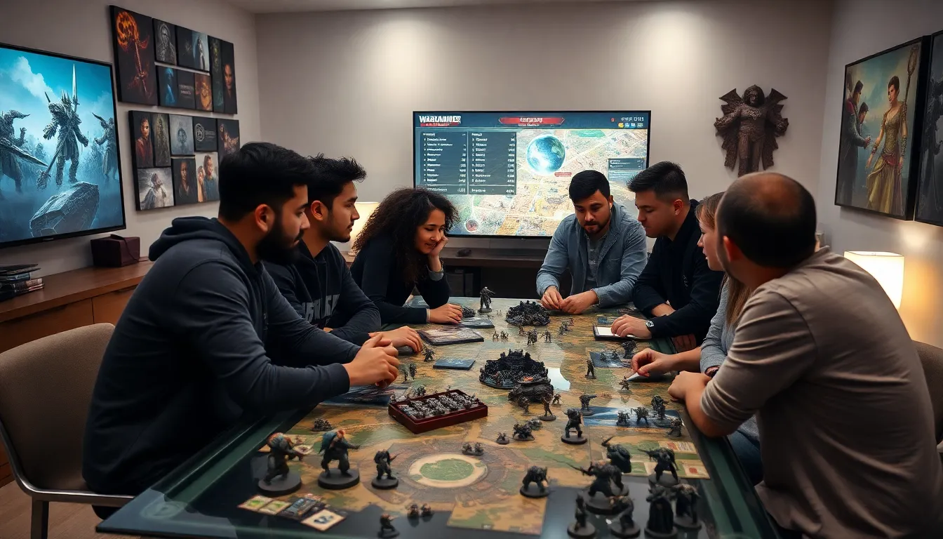 diverse group of gamers playing Warhammer strategy games in a modern game room.