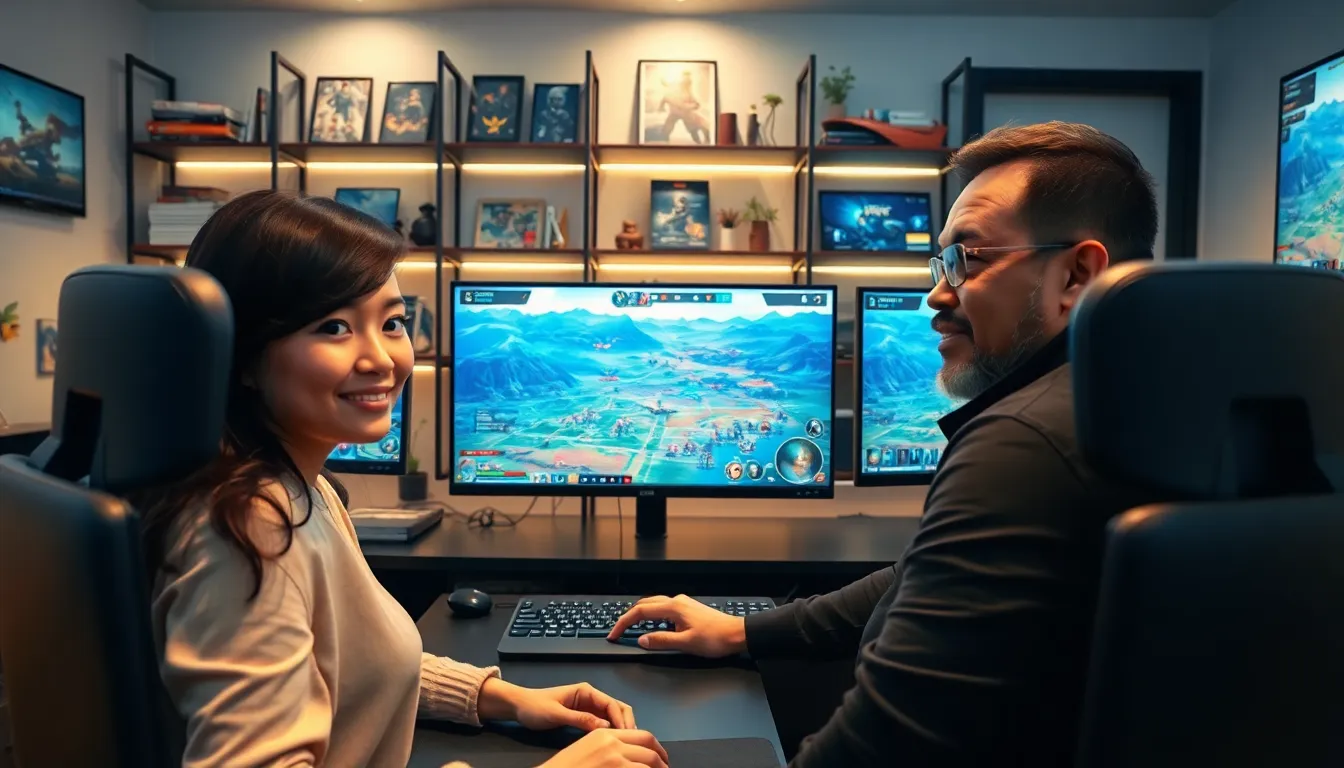 diverse gamers playing a 3D strategy game in a modern gaming setup.