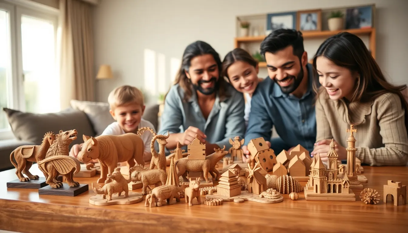 diverse group playing with wooden puzzle games in a modern living room.